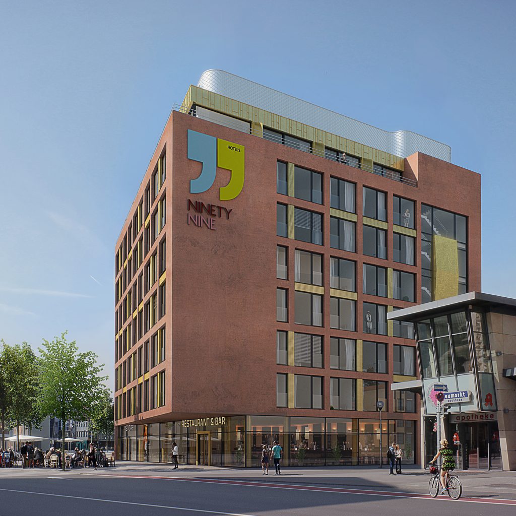 Visualisierung des Hotels mit Klinkerfassade an einer Straßenecke