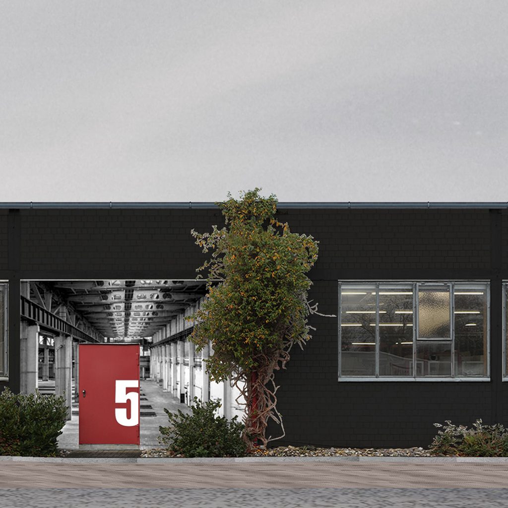 Dunkle Hallenfassade mit Bild des Innenraums und roter Ziffer 5