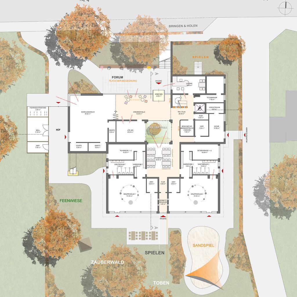 Lageplan der KiTa mit Atrium und Herbstbäumen