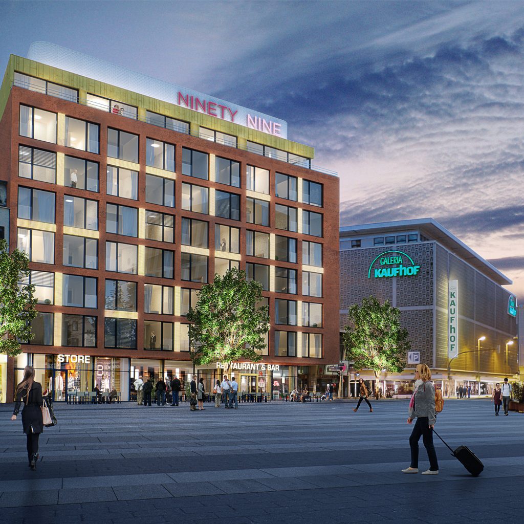 Hotelfassade in der Abenddämmerung mit Lichtelementen