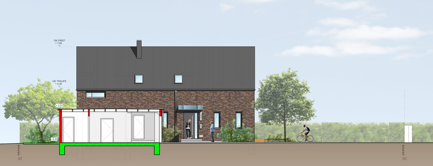 Ansicht des Einfamilienhauses mit dunkler Klinkerfassade