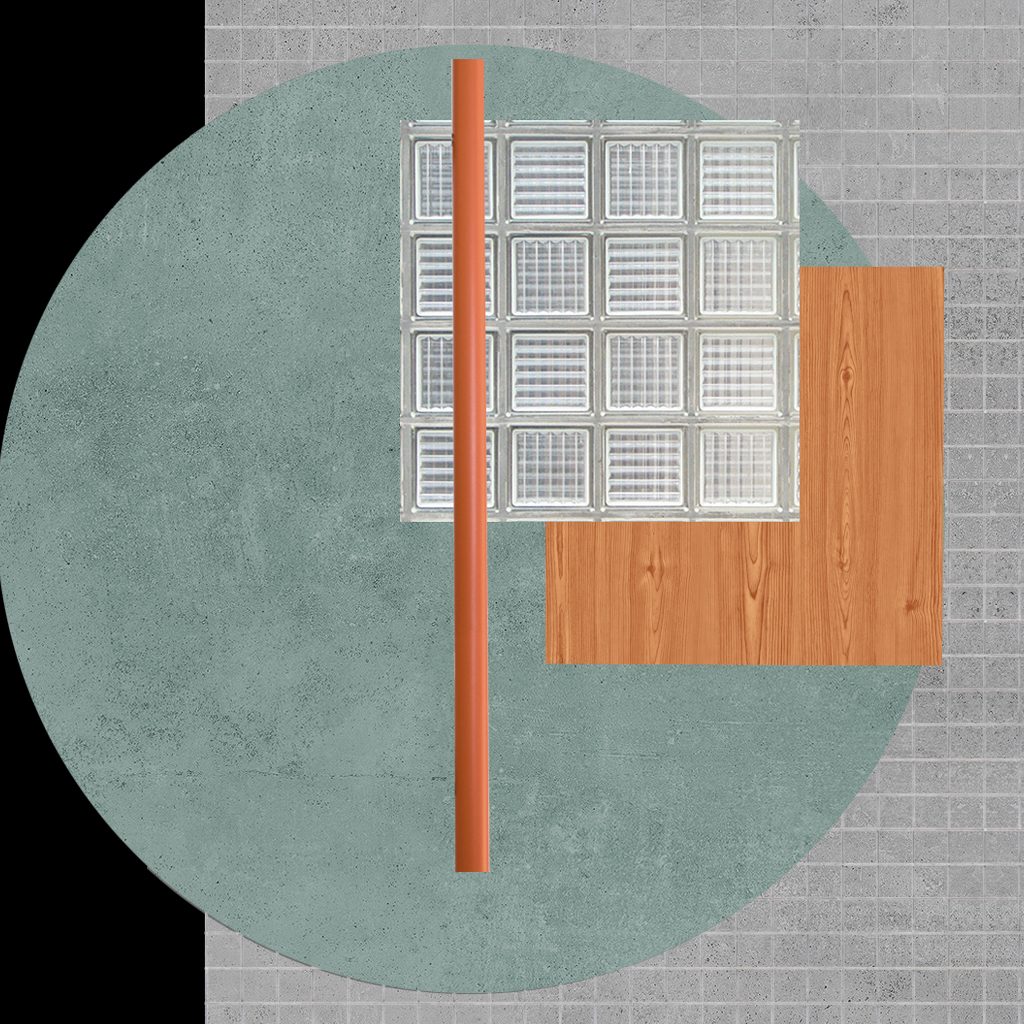 Materialcollage mit Glasbausteinen, Holz und Putz