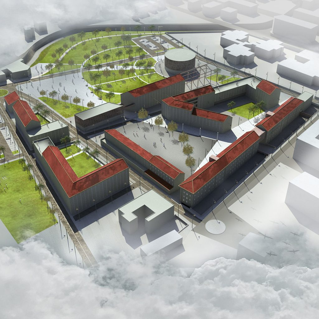 Luftbild-Visualisierung der Fabrikanlage mit roten Dächern